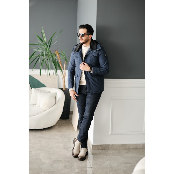 Erkek Lacivert Kapüşonlu Kürk Yakalı Kışlık...