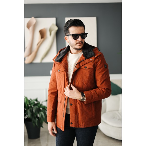 Erkek Lacivert Kapüşonlu Kürk Yakalı Kışlık Mont