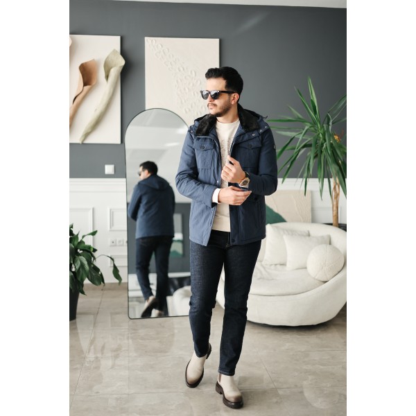 Erkek Lacivert Kapüşonlu Kürk Yakalı Kışlık Mont