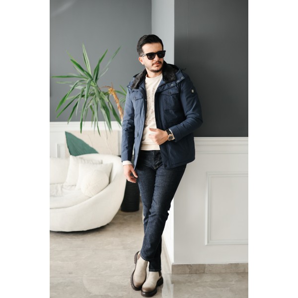 Erkek Lacivert Kapüşonlu Kürk Yakalı Kışlık Mont