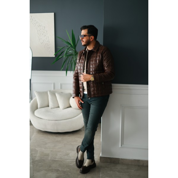 Erkek Kahverengi Slim Fit Kapitone Deri Mont