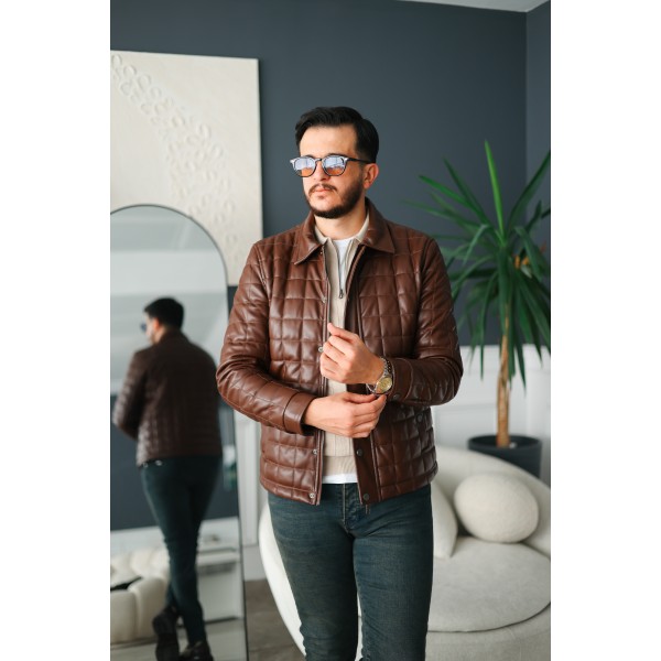 Erkek Kahverengi Slim Fit Kapitone Deri Mont