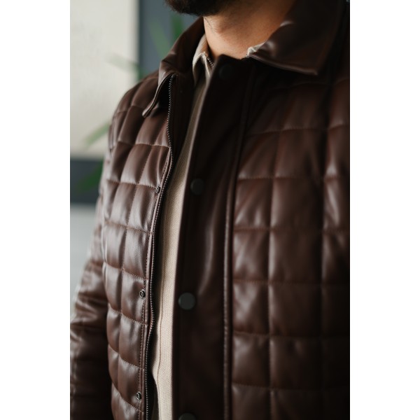 Erkek Kahverengi Slim Fit Kapitone Deri Mont