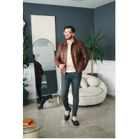 Erkek Kahverengi Slim Fit Kapitone Deri Mont