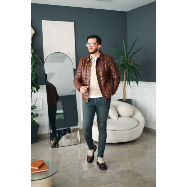 Erkek Kahverengi Slim Fit Kapitone Deri Mont