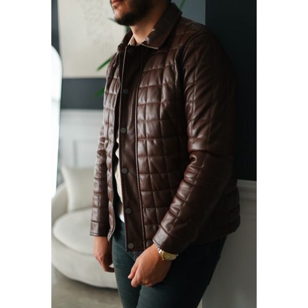 Erkek Kahverengi Slim Fit Kapitone Deri Mont