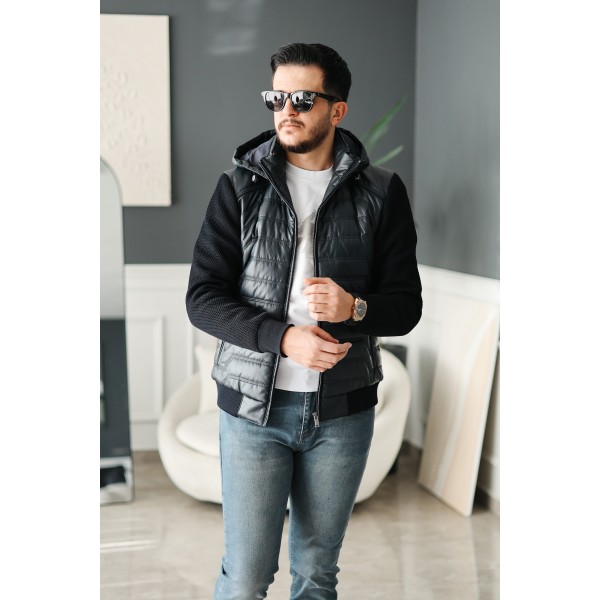 Erkek Kapüşonlu Çelik Örgü Kollu Şişme Mont