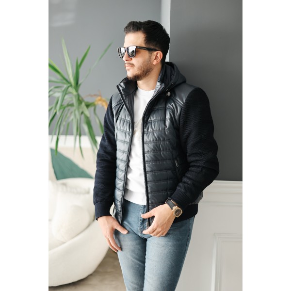 Erkek Kapüşonlu Çelik Örgü Kollu Şişme Mont