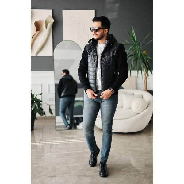 Erkek Kapüşonlu Çelik Örgü Kollu Şişme Mont