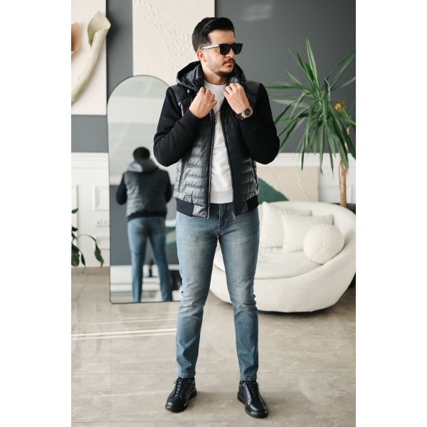 Erkek Kapüşonlu Çelik Örgü Kollu Şişme Mont