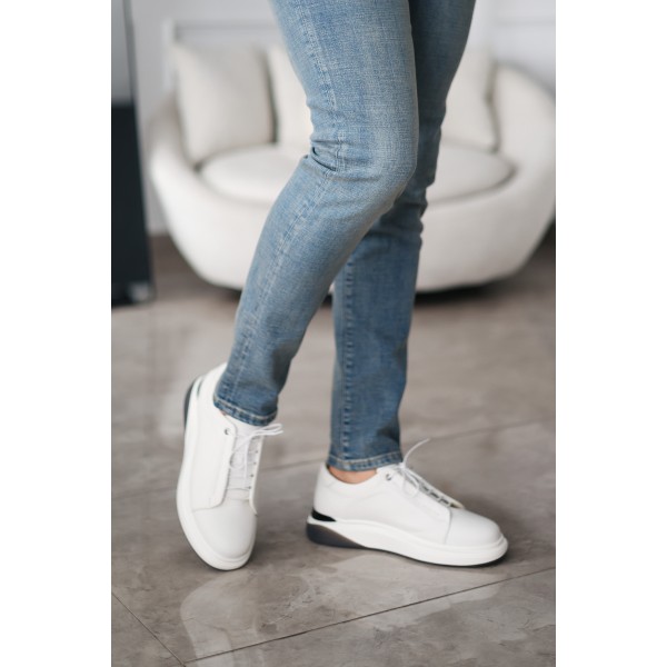 Erkek Hakiki Deri Kalın Tabanlı Beyaz Sneaker 