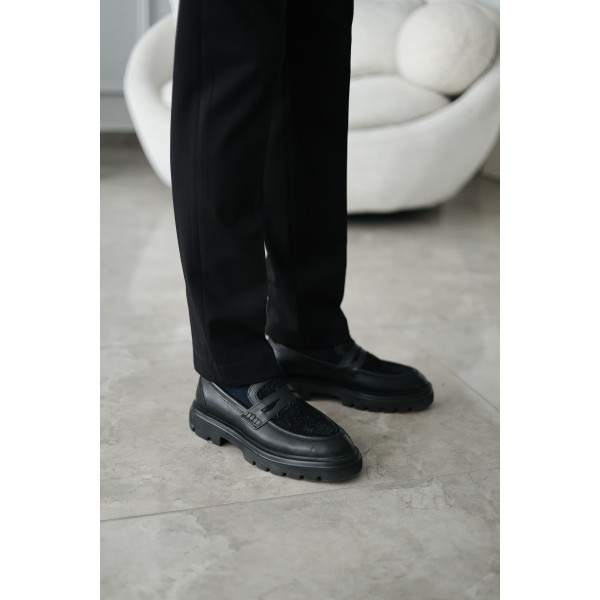 Erkek Hakiki Deri Tüylü Detaylı Kalın Taban Loafer Ayakkabı