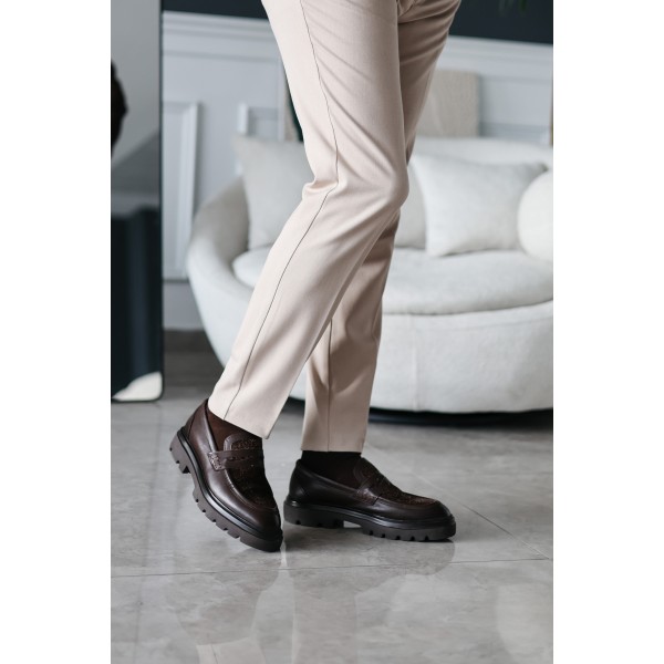 Erkek Hakiki Deri Tüylü Detaylı Kalın Taban Loafer Ayakkabı