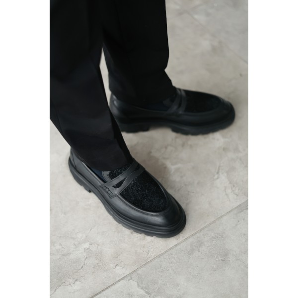 Erkek Hakiki Deri Tüylü Detaylı Kalın Taban Loafer Ayakkabı