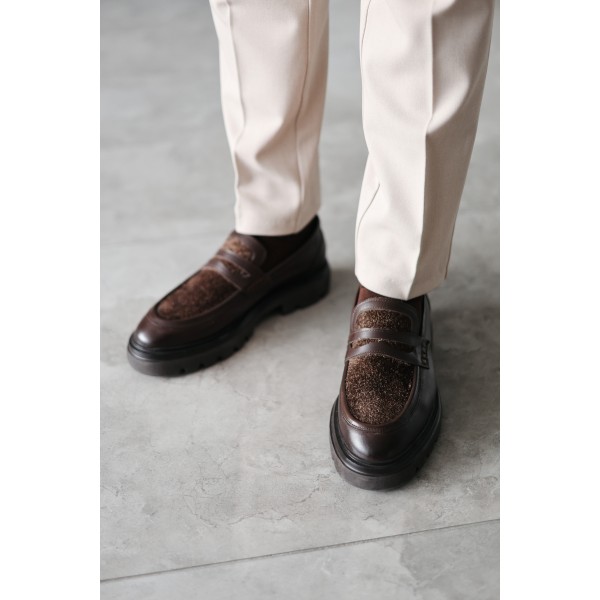 Erkek Hakiki Deri Tüylü Detaylı Kalın Taban Loafer Ayakkabı