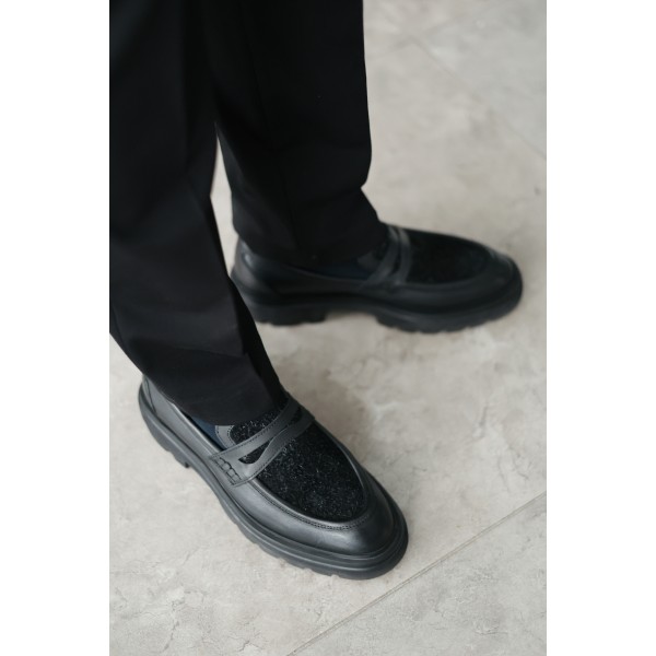 Erkek Hakiki Deri Tüylü Detaylı Kalın Taban Loafer Ayakkabı