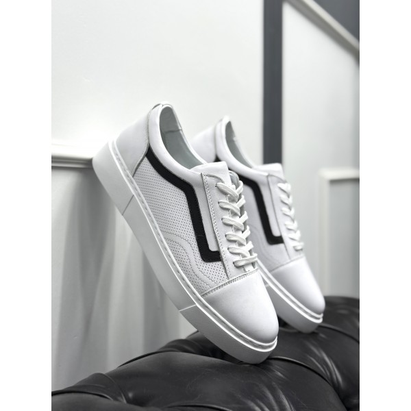 Erkek Beyaz Siyah Şerit Detaylı Deri Sneaker Aya...