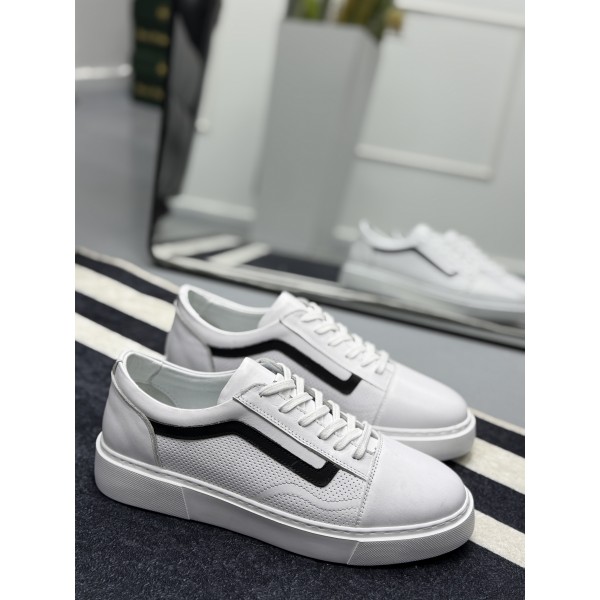Erkek Beyaz Siyah Şerit Detaylı Deri Sneaker Ayakkabı 