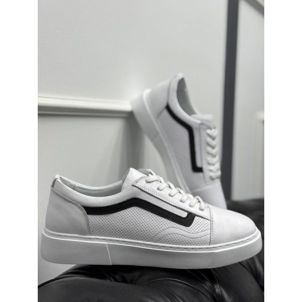 Erkek Beyaz Siyah Şerit Detaylı Deri Sneaker Ayakkabı 