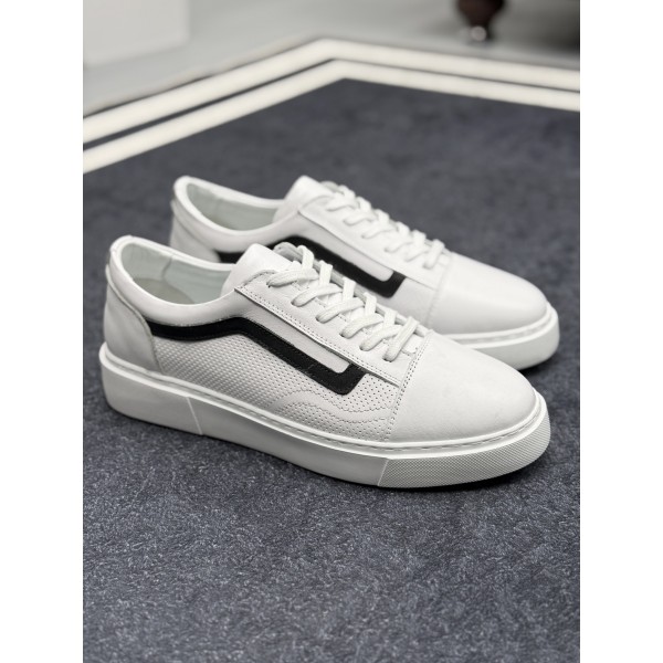 Erkek Beyaz Siyah Şerit Detaylı Deri Sneaker Ayakkabı 