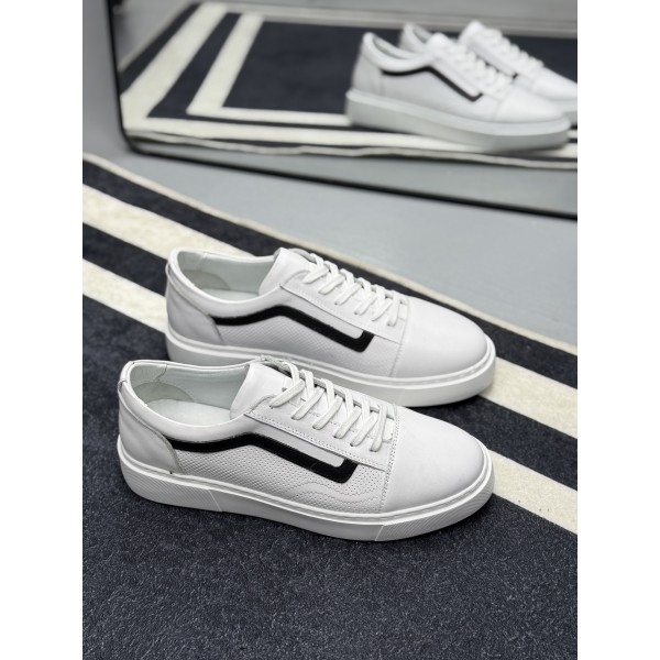Erkek Beyaz Siyah Şerit Detaylı Deri Sneaker Ayakkabı 