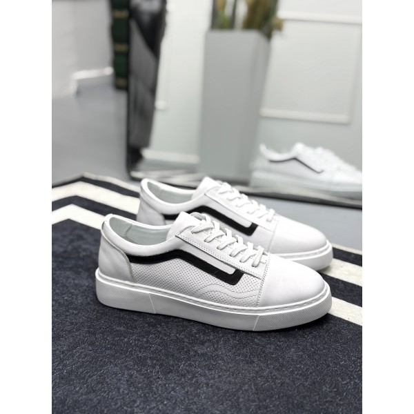 Erkek Beyaz Siyah Şerit Detaylı Deri Sneaker Ayakkabı 