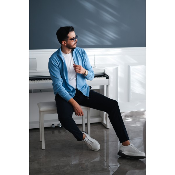 Erkek Sky Blue Casual Fermuarlı Hırka 