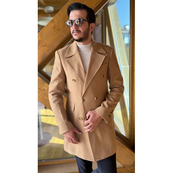 Camel Double Breasted Erkek Kaşe Kaban 