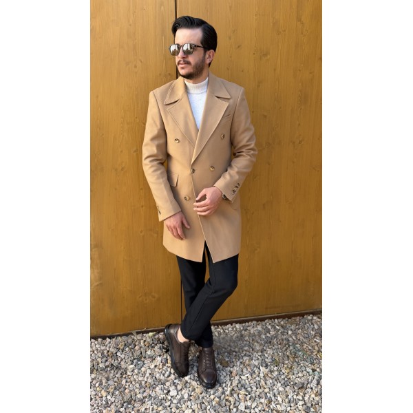 Camel Double Breasted Erkek Kaşe Kaban 