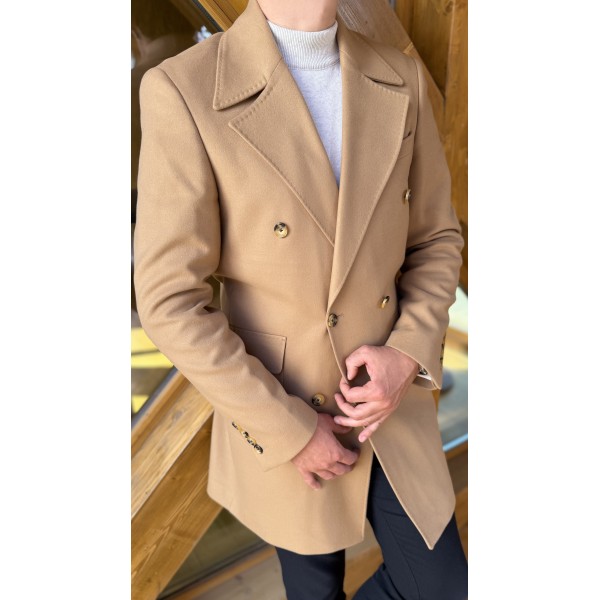 Camel Double Breasted Erkek Kaşe Kaban 