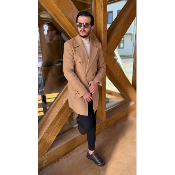 Camel Double Breasted Erkek Kaşe Kaban 
