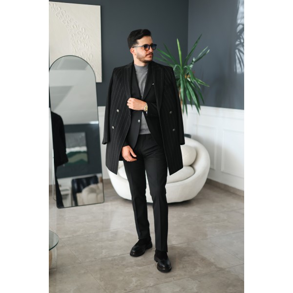 Erkek Siyah Çizgili Çift Düğmeli Pinstripe Ka�...