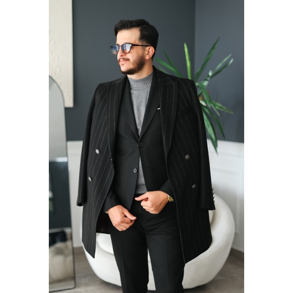Erkek Siyah Çizgili Çift Düğmeli Pinstripe Kaşe Palto