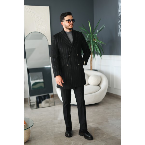 Erkek Siyah Çizgili Çift Düğmeli Pinstripe Kaşe Palto
