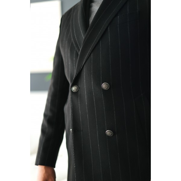 Erkek Siyah Çizgili Çift Düğmeli Pinstripe Kaşe Palto