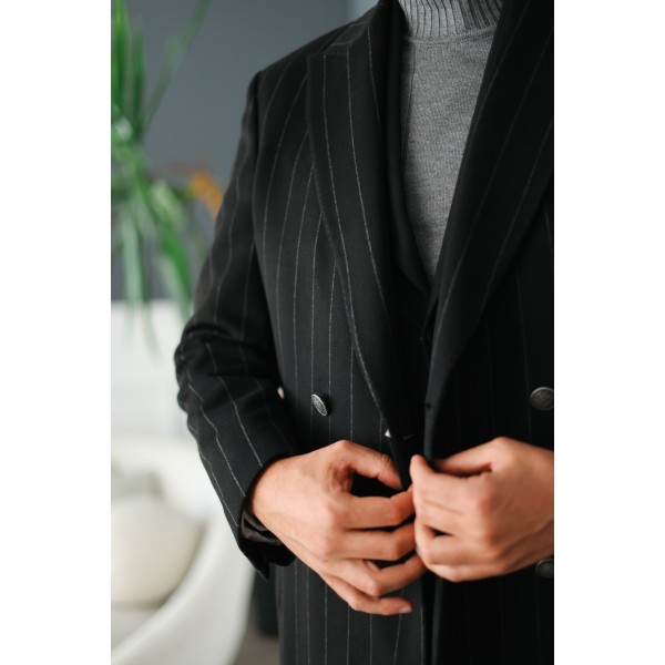 Erkek Siyah Çizgili Çift Düğmeli Pinstripe Kaşe Palto