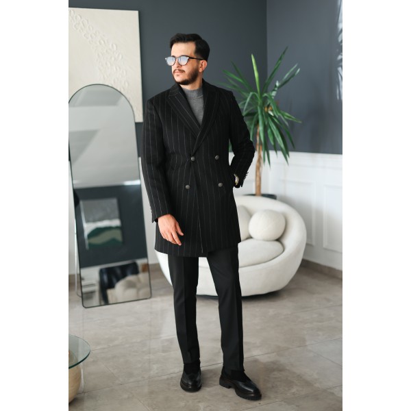 Erkek Siyah Çizgili Çift Düğmeli Pinstripe Kaşe Palto