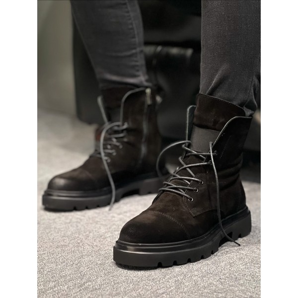 Erkek Siyah Hakiki Deri Bağcıklı Postal Bot Kalın Taban