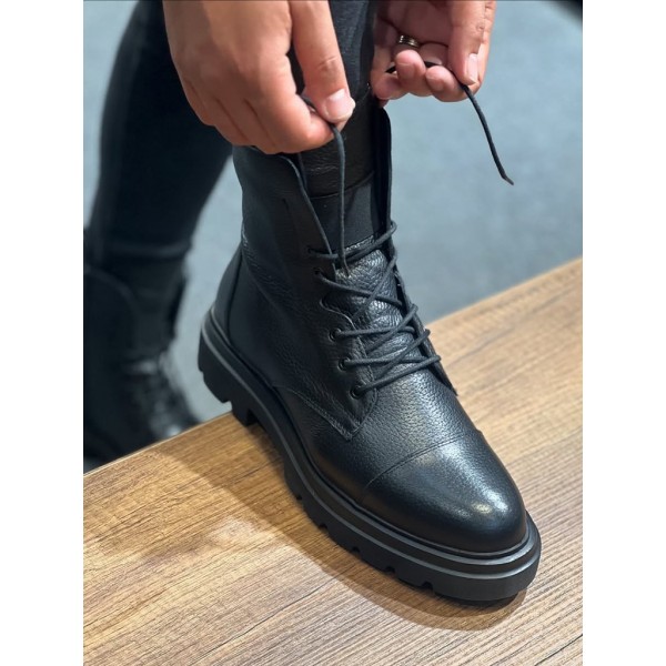 Erkek Siyah Hakiki Deri Bağcıklı Postal Bot Kalın Taban