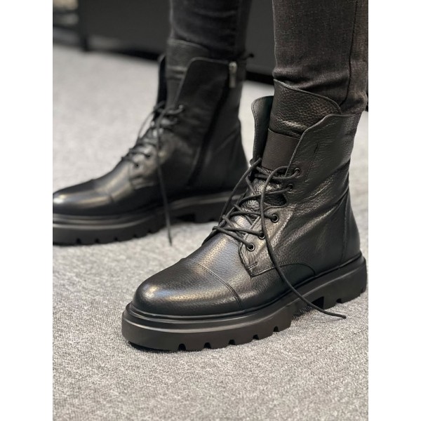 Erkek Siyah Hakiki Deri Bağcıklı Postal Bot Kal...