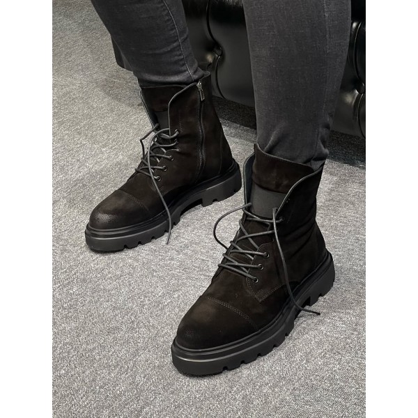 Erkek Siyah Hakiki Deri Bağcıklı Postal Bot Kalın Taban