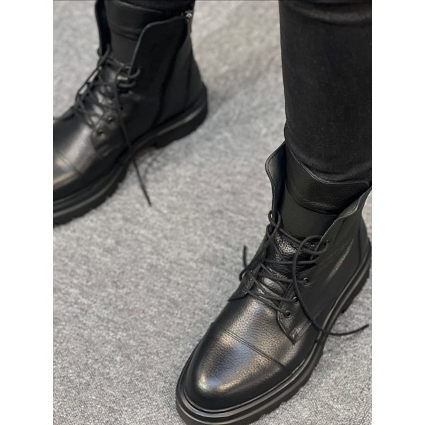 Erkek Siyah Hakiki Deri Bağcıklı Postal Bot Kalın Taban