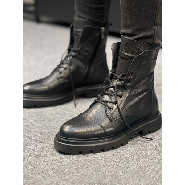 Erkek Siyah Hakiki Deri Bağcıklı Postal Bot Kalın Taban