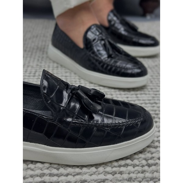 Kroko Detaylı Topuk Korumalı Hakiki Deri Babet Ayakkabı 