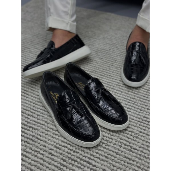 Kroko Detaylı Topuk Korumalı Hakiki Deri Babet Ayakkabı 