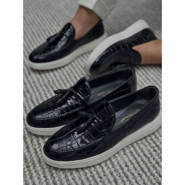 Kroko Detaylı Topuk Korumalı Hakiki Deri Babet A...