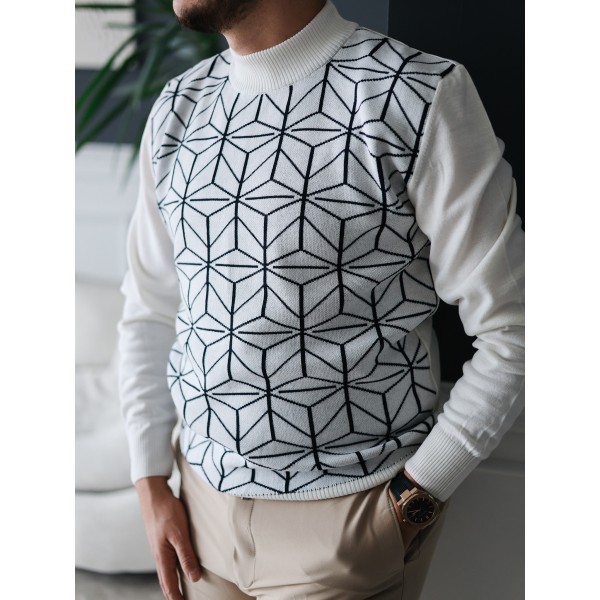 Erkek Beyaz Geometrik Desenli Triko Kazak