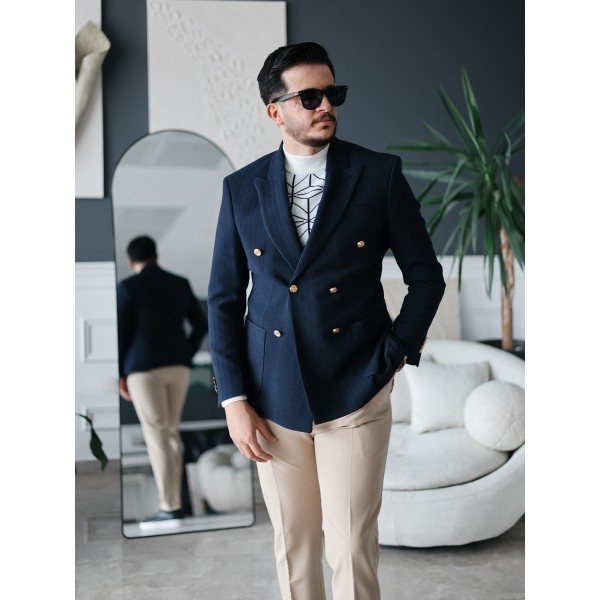 Erkek Lacivert Gold Düğmeli Dokulu Kruvaze Ceket