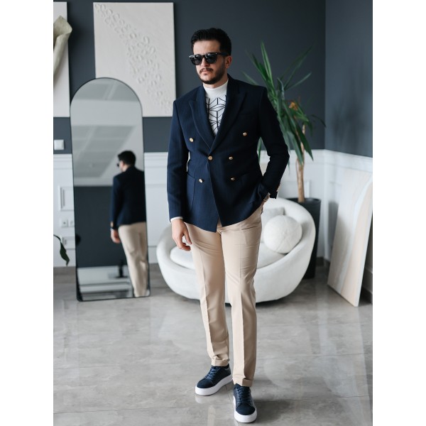 Erkek Lacivert Gold Düğmeli Dokulu Kruvaze Ceket