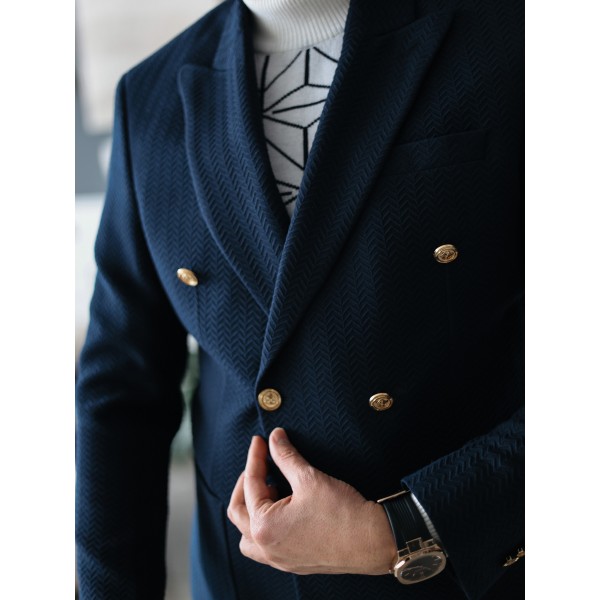 Erkek Lacivert Gold Düğmeli Dokulu Kruvaze Ceket